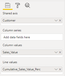 Assigning the Customer, Sales_Value, and Cumulative_Sales_Value_Perc to the line and clustered column chart.